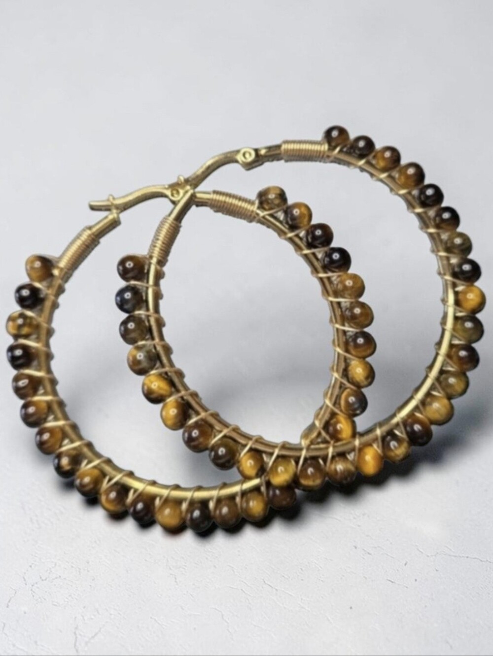 New Oversized 2" 18k Gold Plated Genuine Tugers Eye Bead Hoop Earrings - Picture 2 of 5